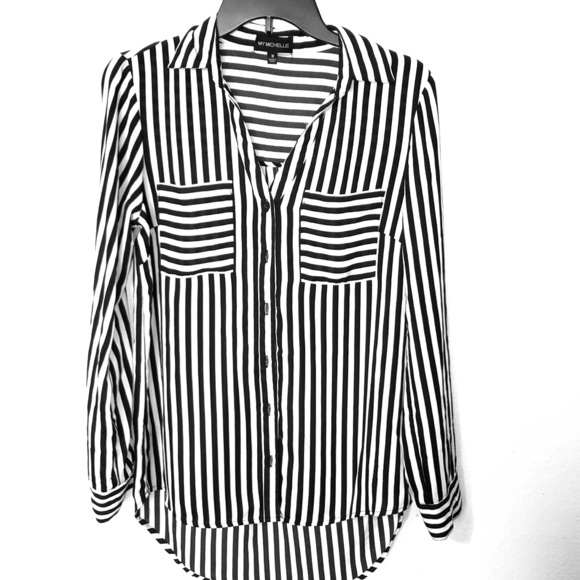 My Michelle Tops - Button down black and white striped blouse